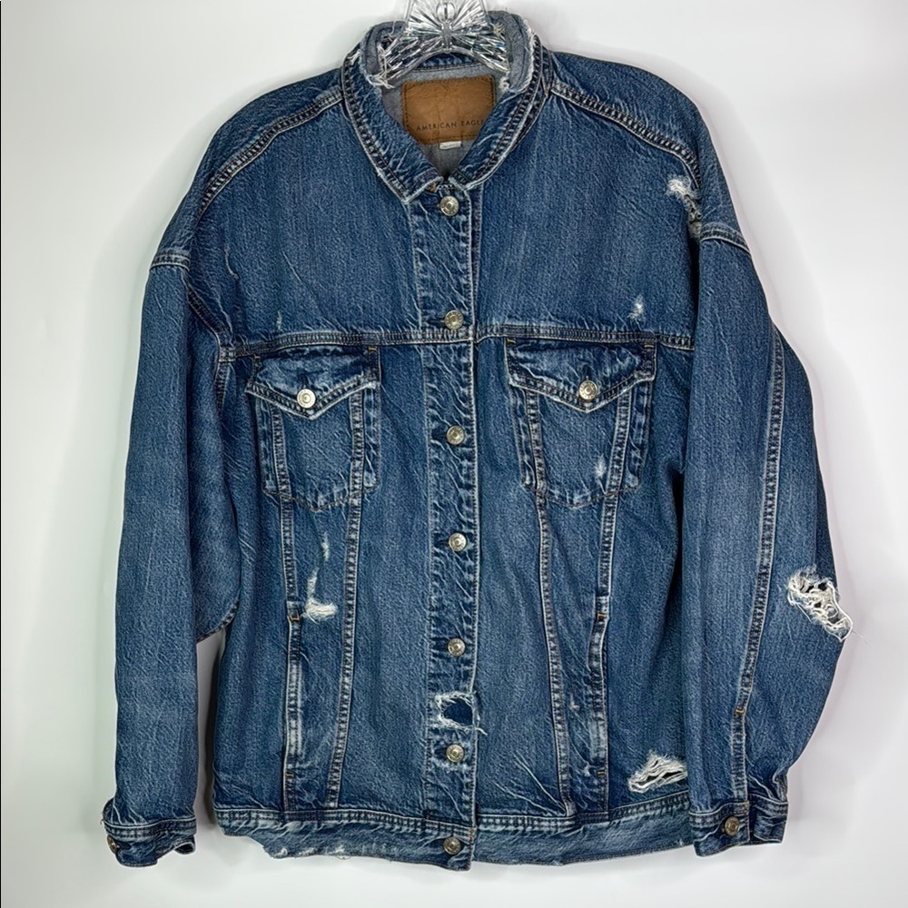 American Eagle Distressed Denim Jean Jacket Size Large